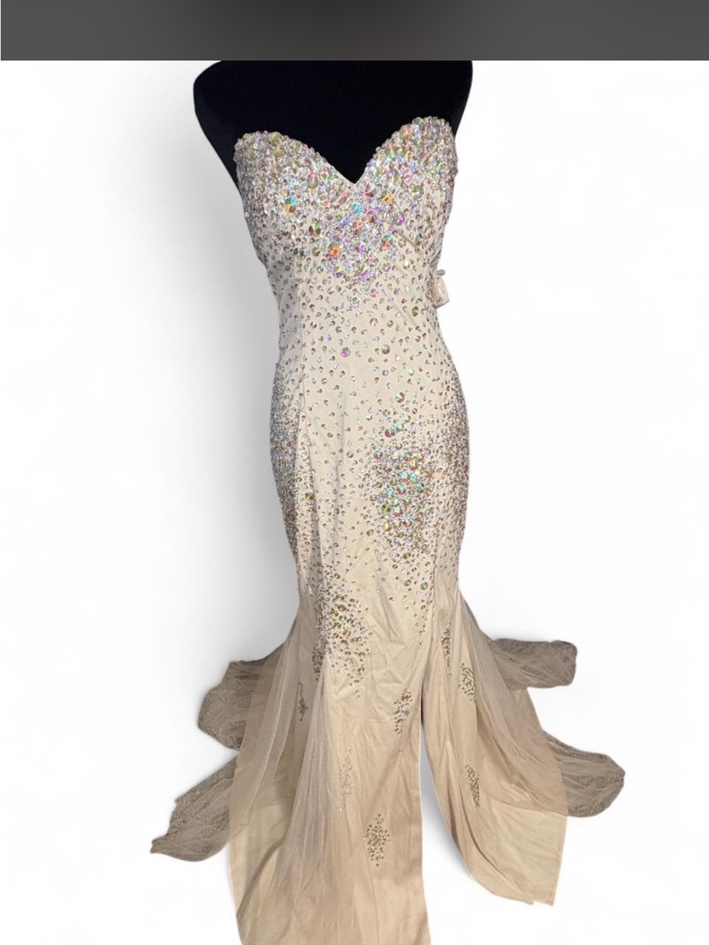 Terani Couture Strapless Iridescent Crystal Champagne Gown